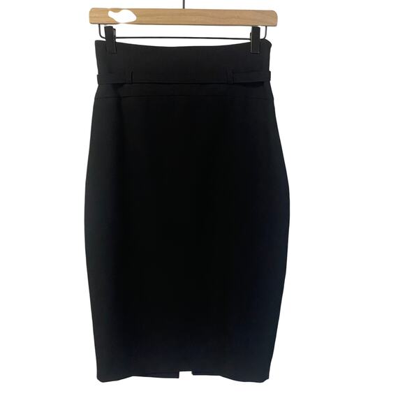 Express NWT Belted High Waisted Pencil Skirt Black Fitted Knee Length Sz 4 - Picture 1 of 9